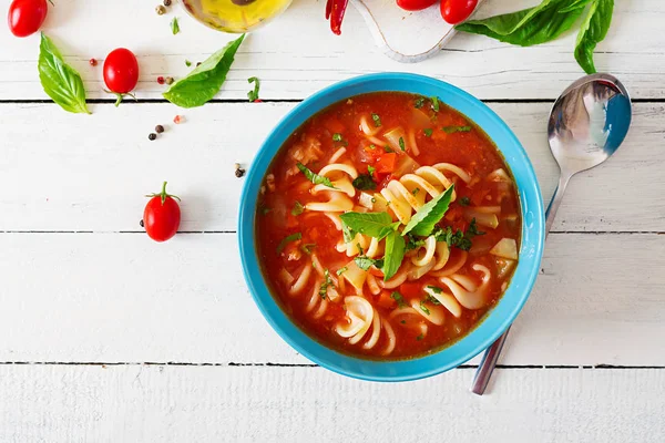 Minestrone Supă Italiană Legume Paste Supă Roşii Mâncare Vegană Privire — Fotografie, imagine de stoc