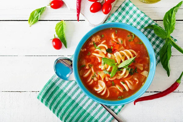 Minestrone Minestra Verdure Italiana Con Pasta Zuppa Pomodori Cibo Vegano — Foto Stock