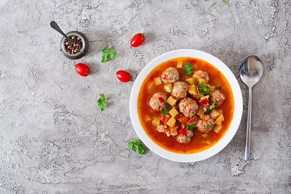 Ragoût Chaud Soupe Tomates Avec Boulettes Viande Légumes Gros Plan — Photo