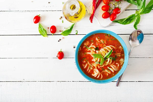 Минестроне Итальянский Овощной Суп Макаронами Томатный Суп Веганская Еда Вид — стоковое фото