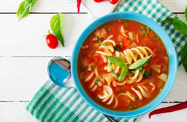 Minestrone Minestra Verdure Italiana Con Pasta Zuppa Pomodori Cibo Vegano — Foto Stock