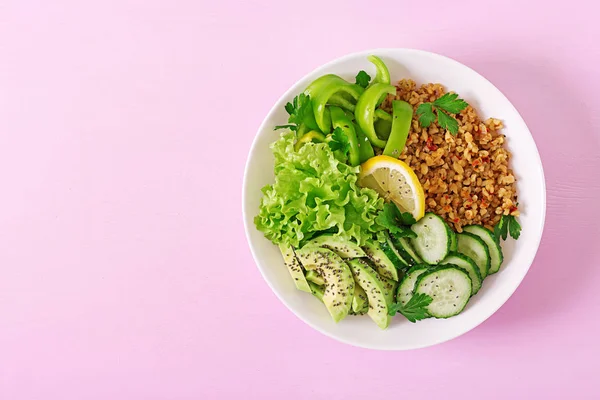 概念健康食品和运动生活方式 素食午餐 健康饮食 适当的营养 顶部视图 — 图库照片