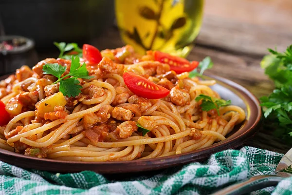 Espaguetis Pasta Boloñesa Con Salsa Tomate Verduras Carne Picada Pasta — Foto de Stock