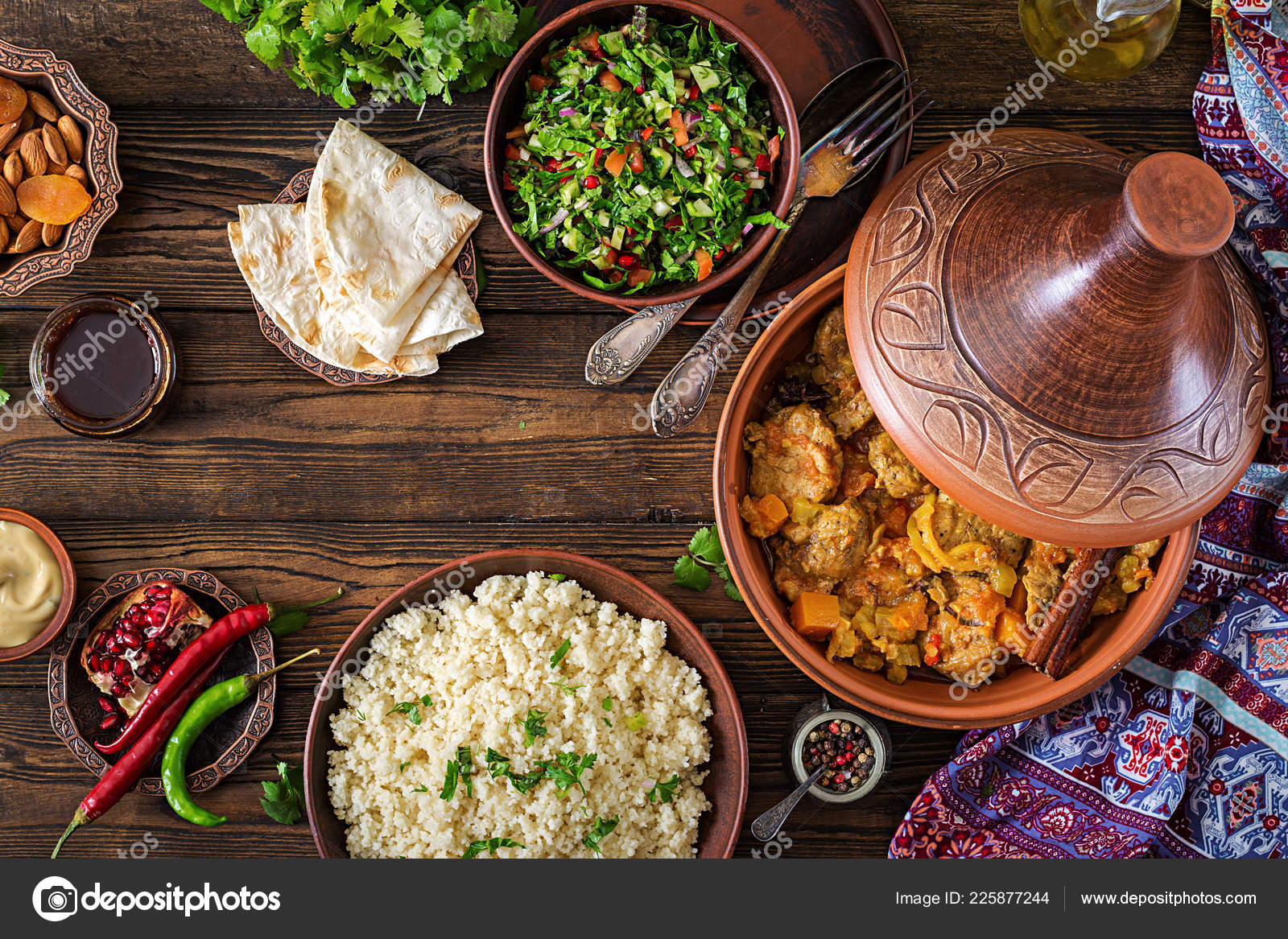Traditional Tajine Dishes Couscous Fresh Salad Rustic Wooden Table Tagine Stock Photo By C Timolina 225877244