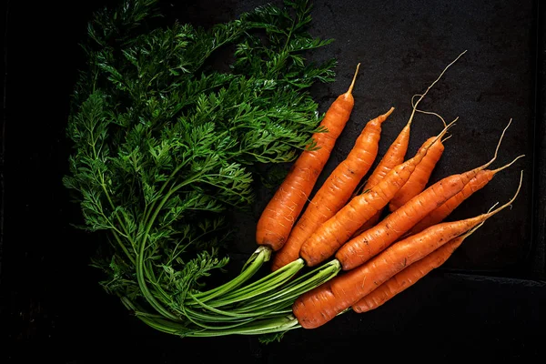 Bos Van Verse Wortelen Met Groene Bladeren Donkere Achtergrond — Stockfoto