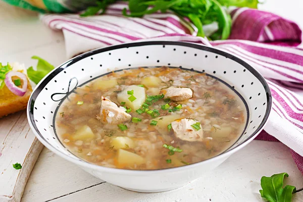 Soupe Sarrasin Avec Poulet Dans Une Assiette Pain Moutarde Ang — Photo