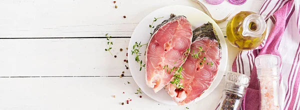 Raw Steak Carp Fish Lemon Thyme White Wooden Background Preparing — Stock Photo, Image