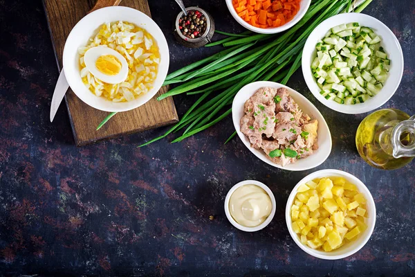 Ingrédients Pour Préparation Salade Foie Morue Avec Œufs Concombres Pommes — Photo