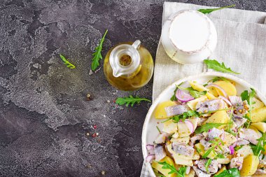 Geleneksel salata tuzlu ringa balığı filetosu, taze elma, kırmızı soğan ve patates. Kaşer gıda. İskandinav Mutfağı. Üstten görünüm. Düz yatıyordu