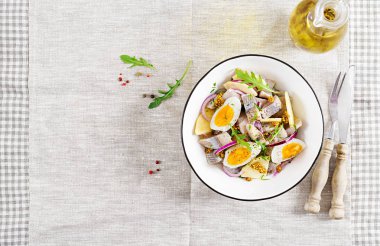 Geleneksel salata tuzlu ringa balığı filetosu, taze elma, kırmızı soğan ve yumurta. Kaşer gıda. İskandinav Mutfağı. Üstten görünüm. Düz yatıyordu