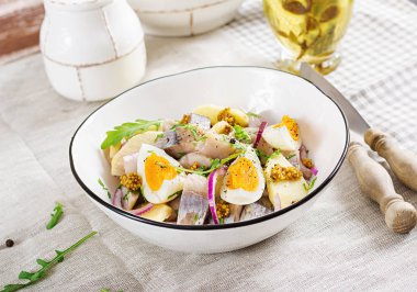 Geleneksel salata tuzlu ringa balığı filetosu, taze elma, kırmızı soğan ve yumurta. Kaşer gıda. İskandinav Mutfağı.