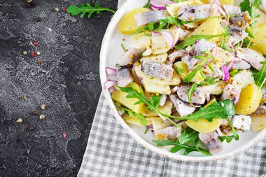 Geleneksel salata tuzlu ringa balığı filetosu, taze elma, kırmızı soğan ve patates. Kaşer gıda. İskandinav Mutfağı. Üstten görünüm. Düz yatıyordu