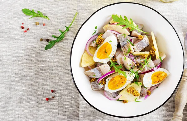 Geleneksel salata tuzlu ringa balığı filetosu, taze elma, kırmızı soğan ve yumurta. Kaşer gıda. İskandinav Mutfağı. Üstten görünüm. Düz yatıyordu