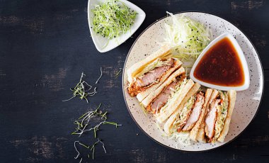 Katsu Sando - gıda trend Japon sandviçle domuz pirzolası, lahana ve tonkatsu sos tava. Japon mutfağı. Üstten Görünüm