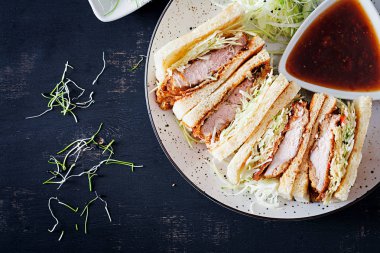 Katsu Sando - gıda trend Japon sandviçle domuz pirzolası, lahana ve tonkatsu sos tava. Japon mutfağı. Üstten Görünüm