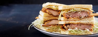Katsu Sando - gıda trend Japon sandviçle domuz pirzolası, lahana ve tonkatsu sos tava. Japon mutfağı. Afiş