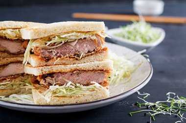 Katsu Sando - gıda trend Japon sandviçle domuz pirzolası, lahana ve tonkatsu sos tava. Japon mutfağı.