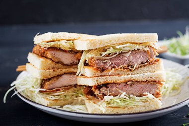 Katsu Sando - gıda trend Japon sandviçle domuz pirzolası, lahana ve tonkatsu sos tava. Japon mutfağı.