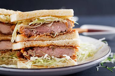 Katsu Sando - gıda trend Japon sandviçle domuz pirzolası, lahana ve tonkatsu sos tava. Japon mutfağı.