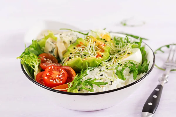 Friska Gröna Vegetarisk Buddha Skål Lunch Med Ägg Ris Tomat — Stockfoto