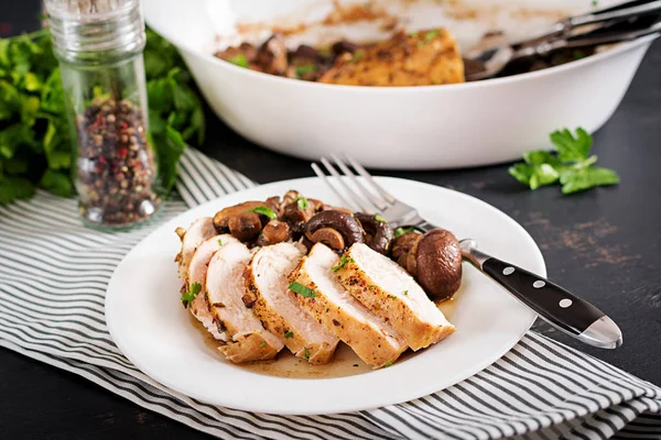 Baked Chicken Breast Mushrooms Balsamic Sauce Table — Stock Photo, Image