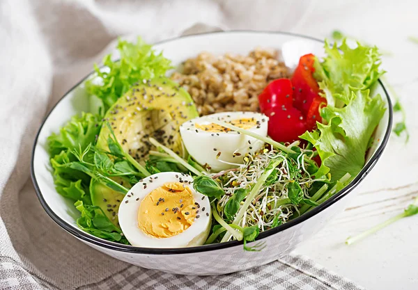 Fresh Salad Breakfast Bowl Oatmeal Paprika Avocado Lettuce Microgreens Boiled — Stock Photo, Image