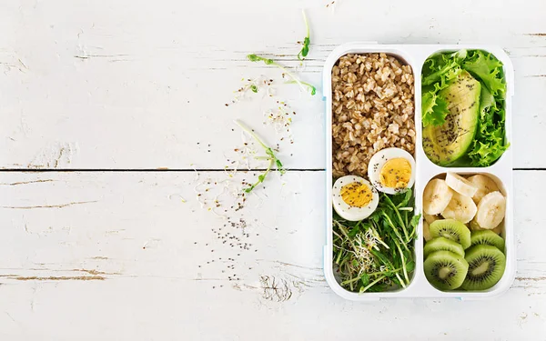 Lancheira Com Ovos Cozidos Aveia Abacate Micro Verduras Frutas Comida — Fotografia de Stock