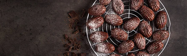 Bolachas de chocolate. Madeleines de chocolate caseiro na mesa escura . — Fotografia de Stock