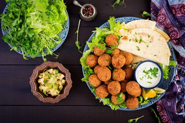 Falafel, humus ve pide. Karanlık bir arka plan üzerinde Orta Doğu ya da Arap yemekleri. Helal Gıda. Üstten Görünüm. Kopya alanı