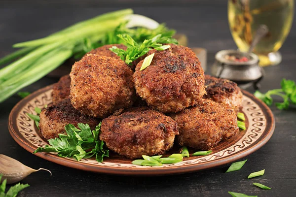 Juicy Delicious Meat Cutlets Dark Table Russian Cuisine — Stock Photo, Image