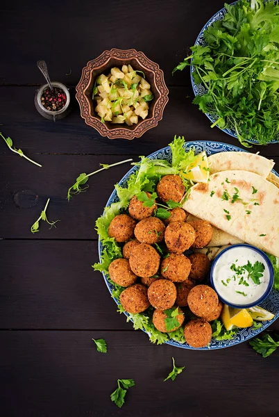 Falafel Hummus Och Pita Mellanöstern Eller Arabiska Rätter Mörk Bakgrund — Stockfoto