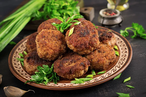 Juicy Delicious Meat Cutlets Dark Table Russian Cuisine — Stock Photo, Image