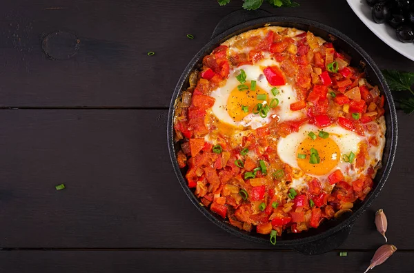 Desayuno Turco Shakshuka Huevos Fritos Almuerzo Vista Superior —  Fotos de Stock