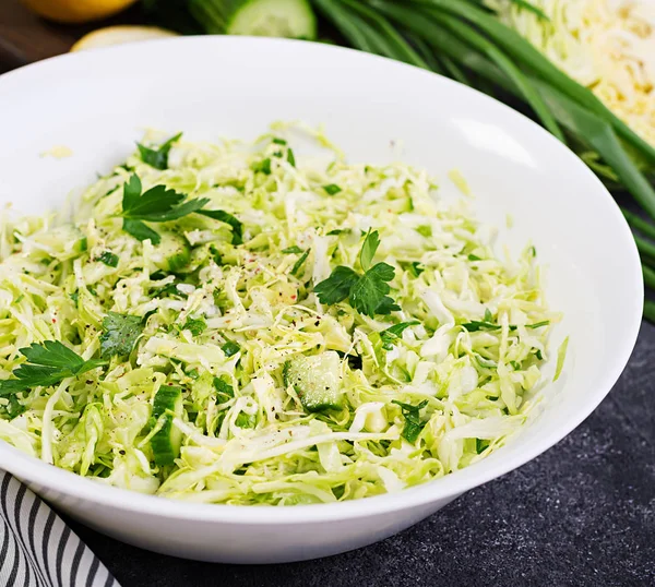 Healthy Salad Spring Vegan Salad Cabbage Cucumber Green Onion Parsley — Stock Photo, Image