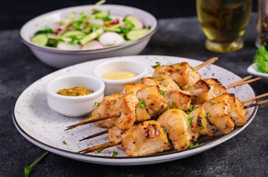 Izgara tavuk kebap ve salatalık ile salata, turp, koyu bir arka plan soğan.