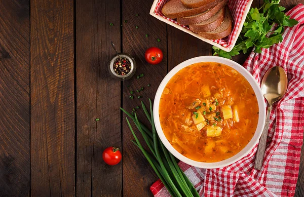 キャベツと伝統的なロシアのスープ ザウアークラウトスープ Shchi 平らな横たわる トップビュー — ストック写真