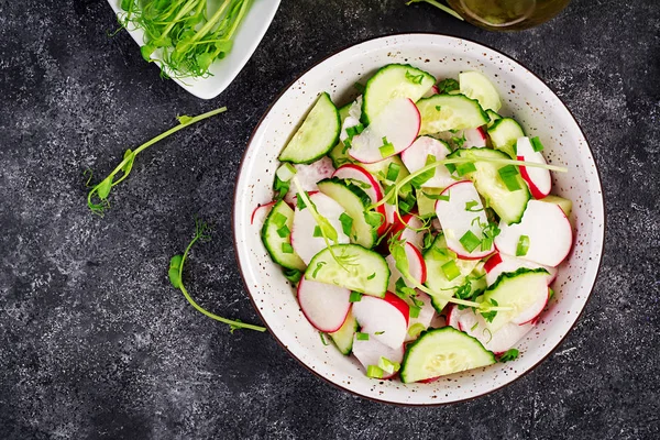 Fresh Vegetable Radish Cucumber Salad Green Onions Microgreens Peas Dark — Stock Photo, Image