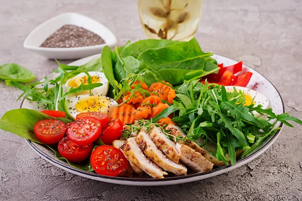 Bord Met Een Keto Dieet Voedsel Cherry Tomaten Kipfilet Eieren — Stockfoto