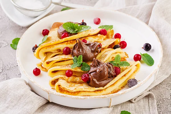 Pancakes Berries Chocolate Decorated Mint Leaf Tasty Breakfast — Stock Photo, Image