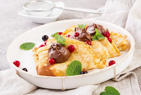 Pancakes Berries Chocolate Decorated Mint Leaf Tasty Breakfast — Stock Photo, Image