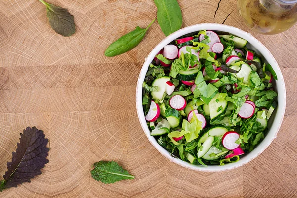 Fresh Salad Cucumbers Radishes Herbs Flat Lay Top View — Stock Photo, Image