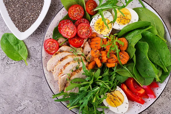 Prato Com Uma Dieta Keto Comida Tomates Cereja Peito Frango — Fotografia de Stock