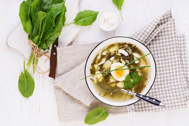 Beyaz kasede yeşil sorrel çorbası. Düz yatıyordu. Üstte görüntü