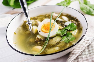 Beyaz kase de sorrel yeşil çorba.