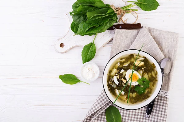 Green Soup Sorrel White Bowl Flat Lay Top View — Stock Photo, Image