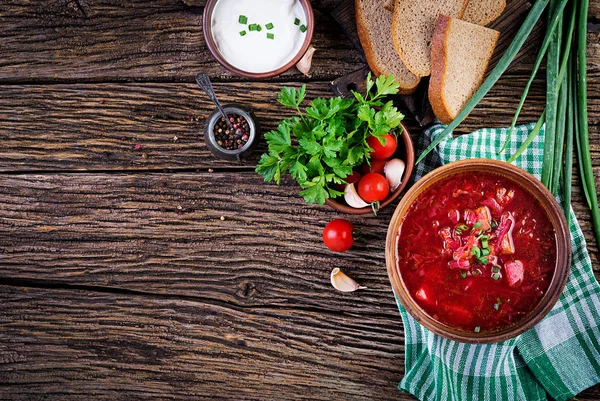 Traditional Ukrainian Russian Borscht Red Soup Bowl Top View — Stock Photo, Image