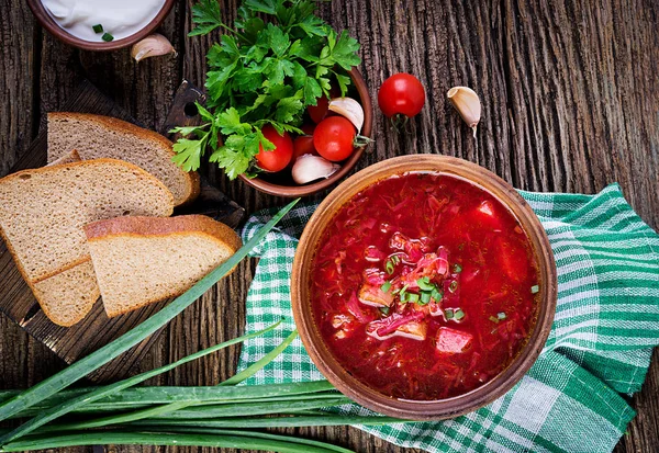 Traditional Ukrainian Russian Borscht Red Soup Bowl Top View — Stock Photo, Image