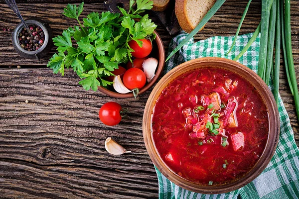 Traditioneller Ukrainischer Russischer Borscht Oder Rote Suppe Der Schüssel Ansicht — Stockfoto