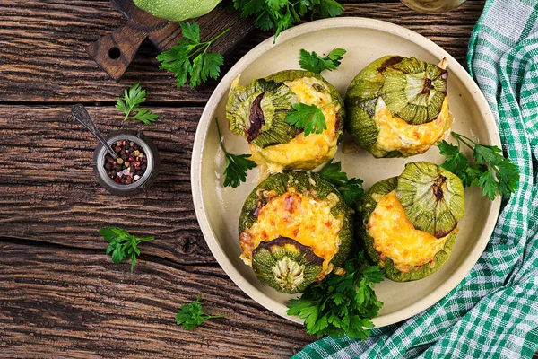 Zucchini Stuffed Minced Meat Cheese Green Herbs Baked Oven Top — Stock Photo, Image