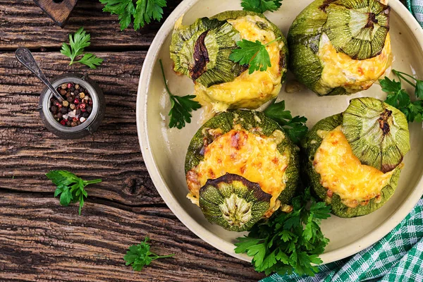 Zucchini Stuffed Minced Meat Cheese Green Herbs Baked Oven Top — Stock Photo, Image